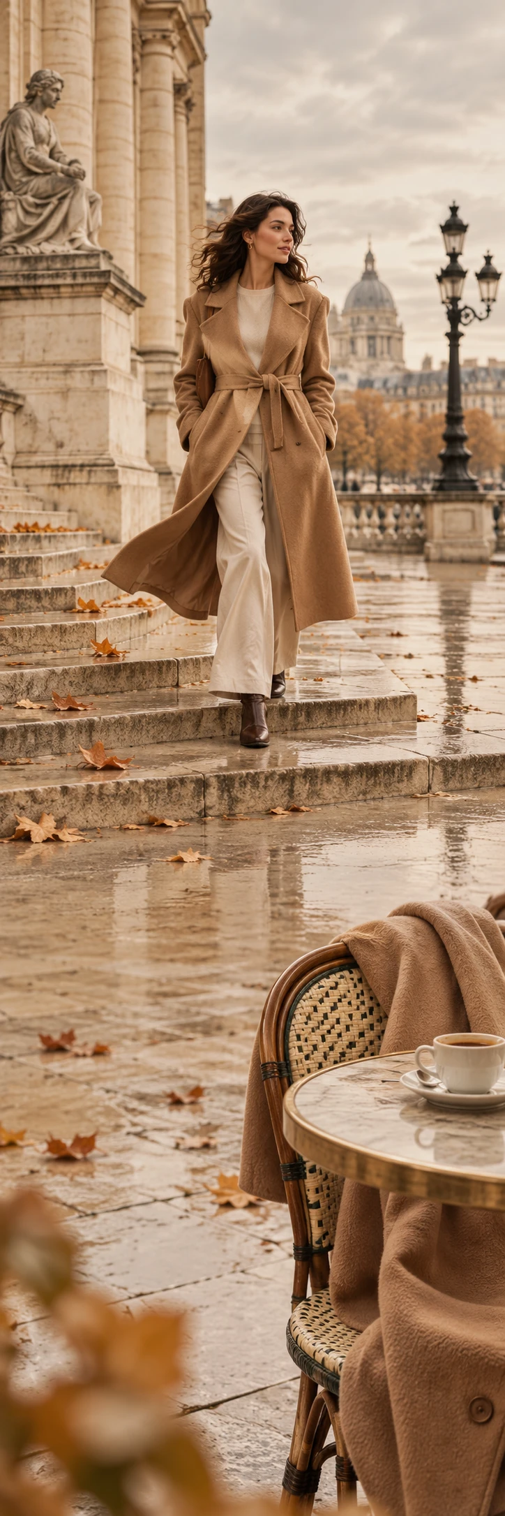 Paris autumn fashion editorial: an adult woman in a camel wool coat walking down wet pale limestone steps, wind moving the hem, soft grey sky; secondary close detail of the coat over a cafe chair with espresso. Continuous warm stone and soft taupe environment, analogue film elegance.