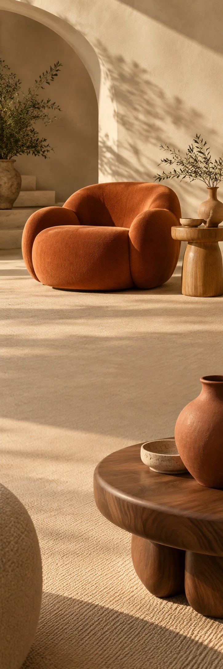 Sculptural interior still life: curvaceous burnt orange lounge chair and rounded oak side table, monolithic cream plaster wall, large low afternoon light shadow, tactile sand carpet flowing down full image. Lower scene close tactile walnut and one terracotta ceramic vessel, architectural restraint and playful shapes.