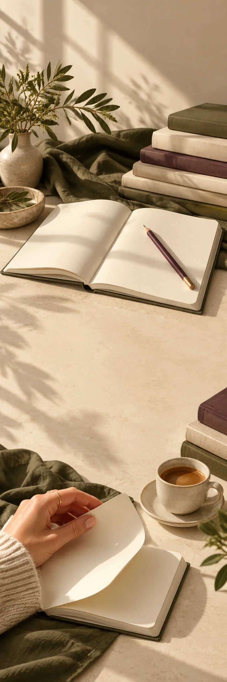 Bookshop and stationery editorial: an open unprinted cream notebook, dark plum pencil, artfully piled book blocks with unprinted spines, folds of dark olive linen and afternoon window shadow. Lower scene an adult hand turning a blank page and a small ceramic espresso, tactile paper fibres. Continuous warm cream paper and pale oat table, no legible text anywhere.