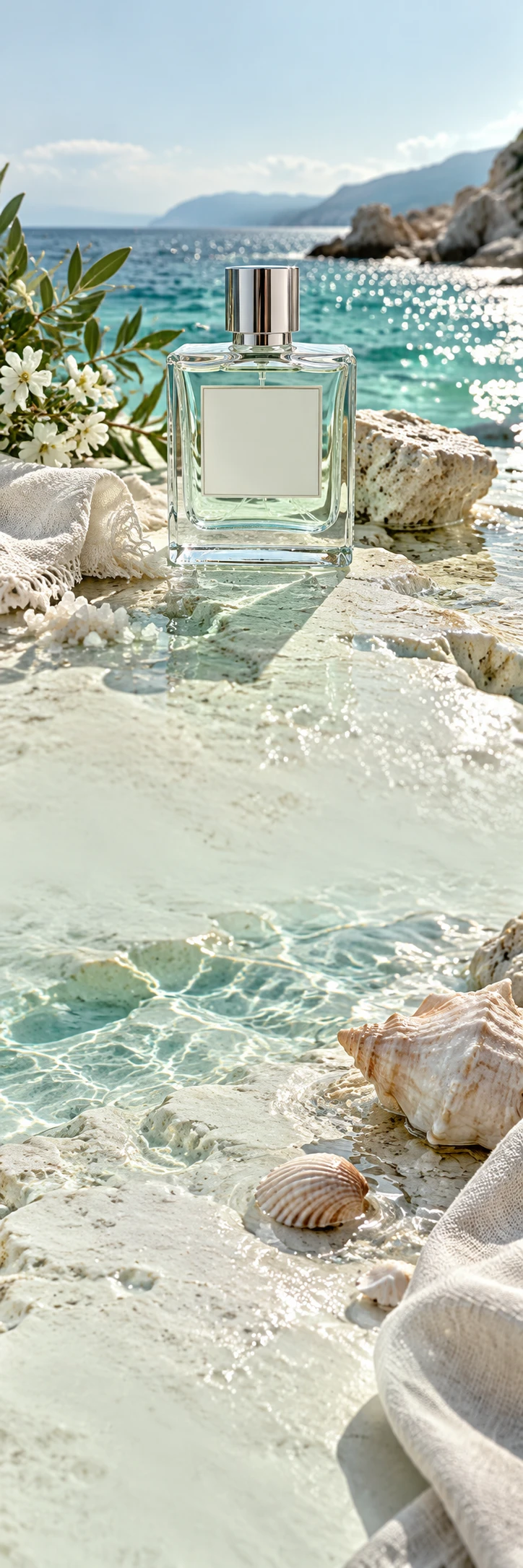 Mediterranean coastal perfume still life: transparent rectangular glass perfume bottle with silver cap, sea water and salt crystals on chalky pale stone, tiny ivory towel, intense turquoise caustics and afternoon light. Lower scene wet sea shells and linen edge on same continuous pale sand stone, real blue water reflections. Quiet zones very pale seafoam ivory, sparkling elegant summer editorial, blank label.