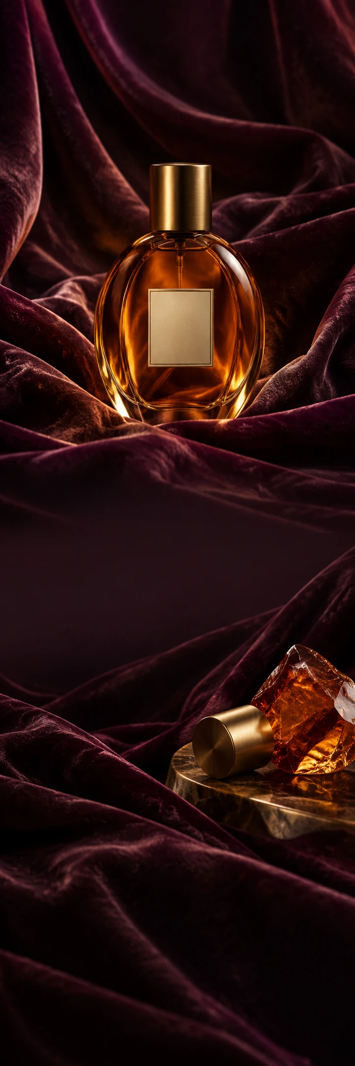 Luxury theatrical fragrance: amber oval glass perfume bottle with small brass cap in the flowing folds of chocolate and deep aubergine velvet, dramatic warm spotlight, soft mysterious shadow. Continuous heavy velvet flows from top to bottom. Lower still life gold cap, an amber resin crystal and velvet folds. All quiet zones near black purple brown. Opulent cinematic texture, blank label.