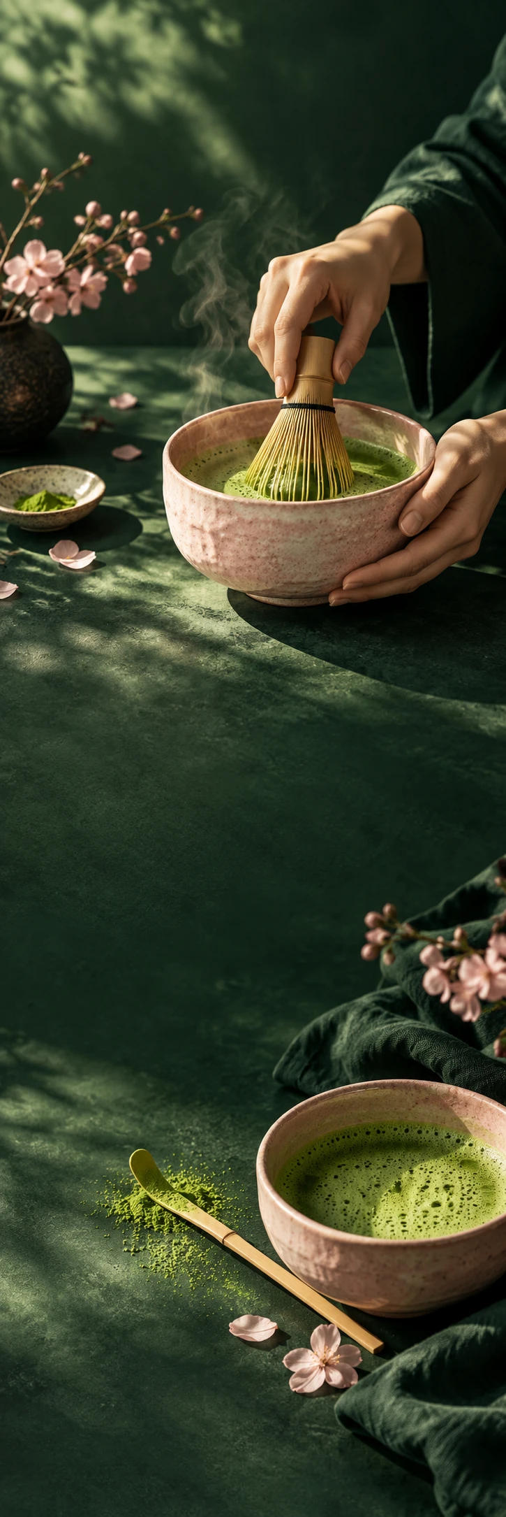 Calm Japanese matcha ritual: a hand whisking vibrant green matcha in a pale pink chawan, bamboo whisk, soft deep forest green cloth and elegant sunbeam, steam. Lower scene bowl with jade green foam and a small bamboo scoop on same forest green surface. Dark green quiet areas for cream copy, rich earthy tactile photograph, pink small accents, no packaging words.
