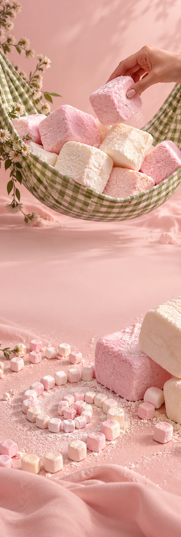 Surreal sophisticated marshmallow still life: enormous fluffy pink and cream marshmallow cubes tumbling in a soft pistachio gingham hammock, adult hand gently pinches a soft cube, light sugar dust. Continuous pale pink soft fabric and pistachio details. Lower scene a spiral of tiny marshmallows and sugar on same blush surface. Quiet light pink zones, premium macro food photography, playful tactile not plastic.