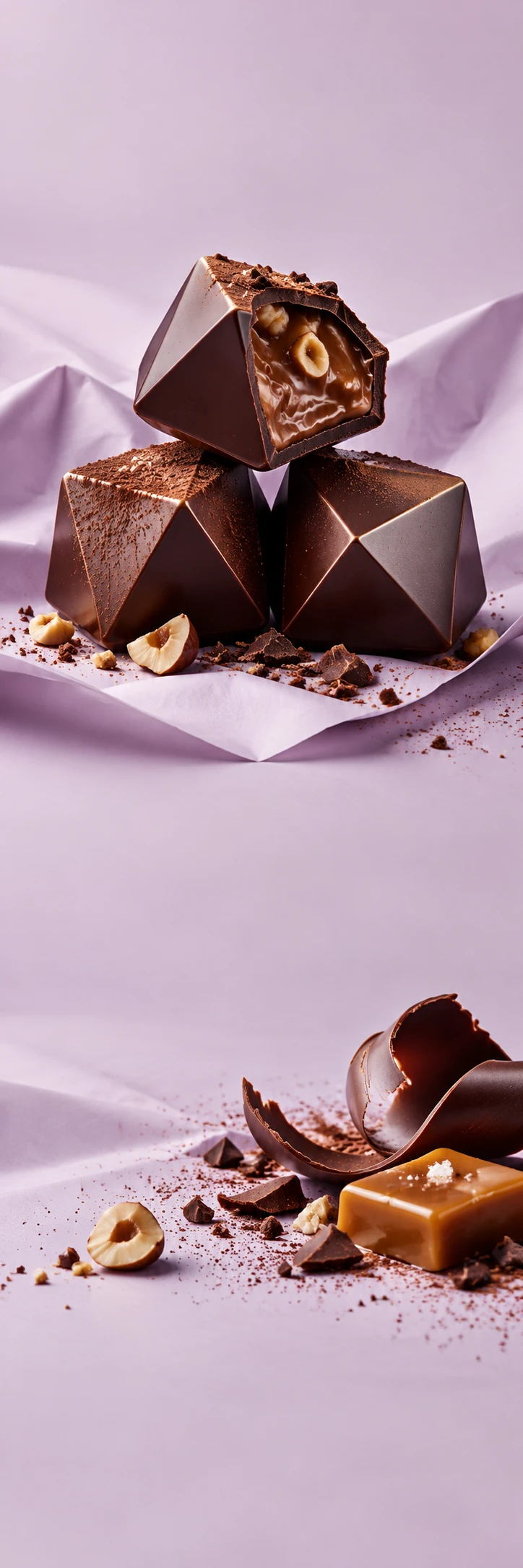 Luxurious playful chocolate still life: three large geometric sculptural dark chocolate bonbons balanced on pale lilac folded paper, one bitten showing glossy hazelnut ganache, scattered cocoa, dark satin shine. Lower scene chocolate curl and one gold-brown caramel piece on same lilac surface. Continuous palest lilac quiet zones, sophisticated taste editorial, tactile real food photography, no text.