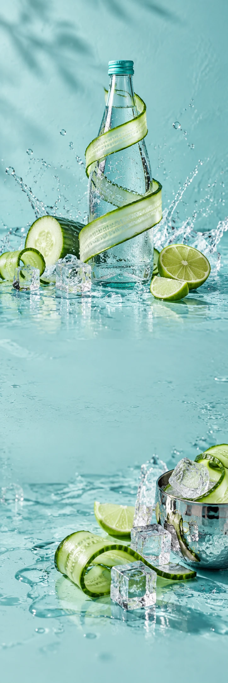Playful fresh sparkling water campaign: clear sculptural bottle with turquoise cap and blank discreet label, giant cucumber ribbon curling around it, lime slices, crystal water splash on pale turquoise painted surface; lower detail ice cubes, cucumber and chrome cup. Pale aqua quiet areas, wet sharp sunlight, sophisticated surreal still life.