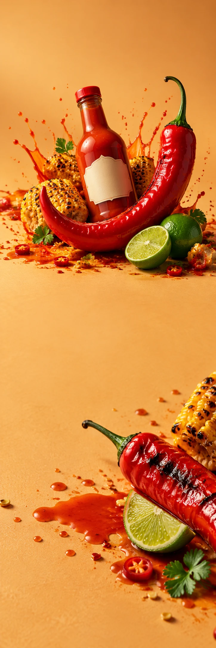Bold playful hot sauce still life: rounded red glass sauce bottle with tiny blank cream label balancing inside an enormous curved red chilli, grilled corn, bright green lime, lively real sauce splash on warm butter-orange studio surface. Lower macro roasted chilli, sauce smear and lime wedge. Continuous warm pale orange calm copy areas, punchy appetising professional food photography, no text.